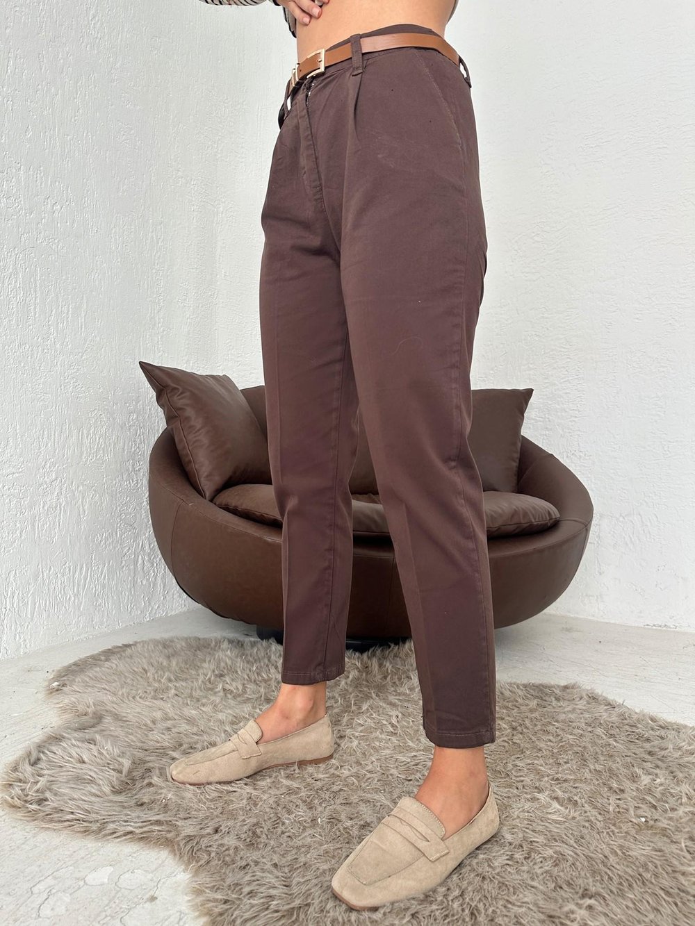 Kemerli Gabardin Pantolon Kahve
