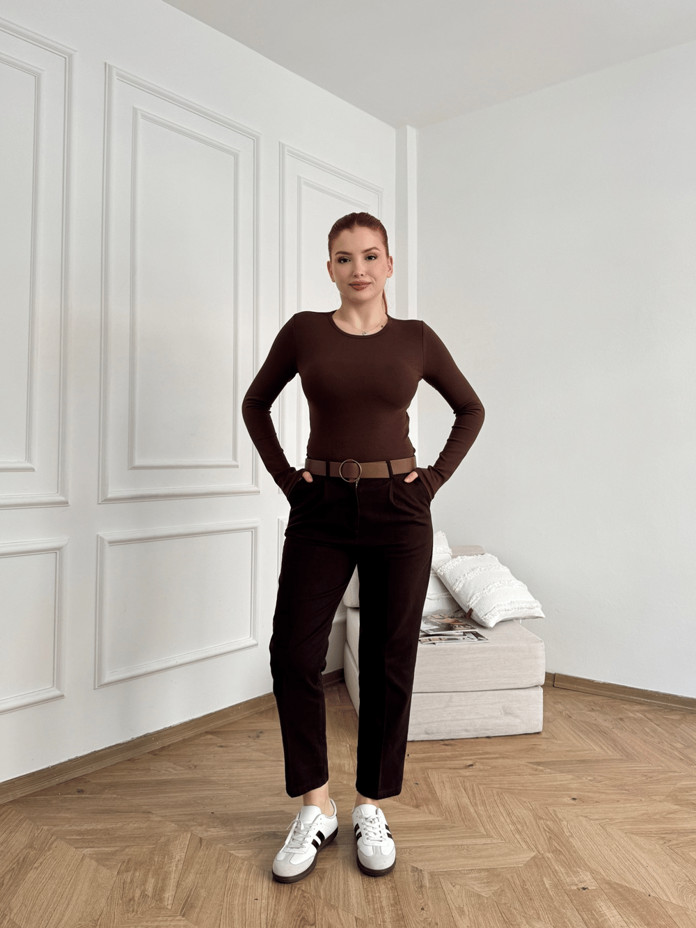 Kemerli Gabardin Pantolon Koyu kahve