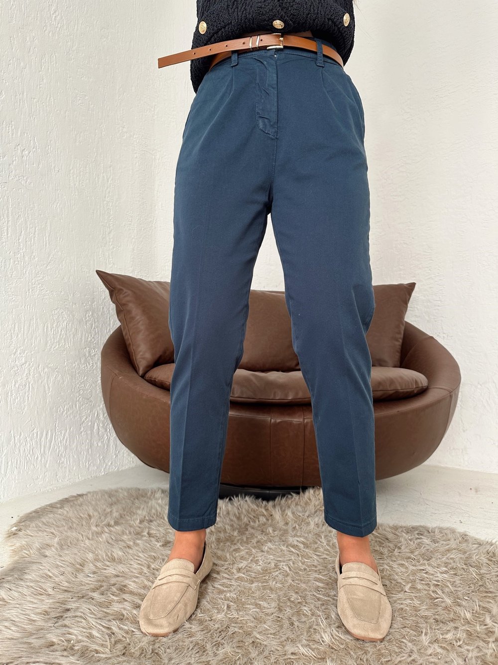 Kemerli Gabardin Pantolon Lacivert
