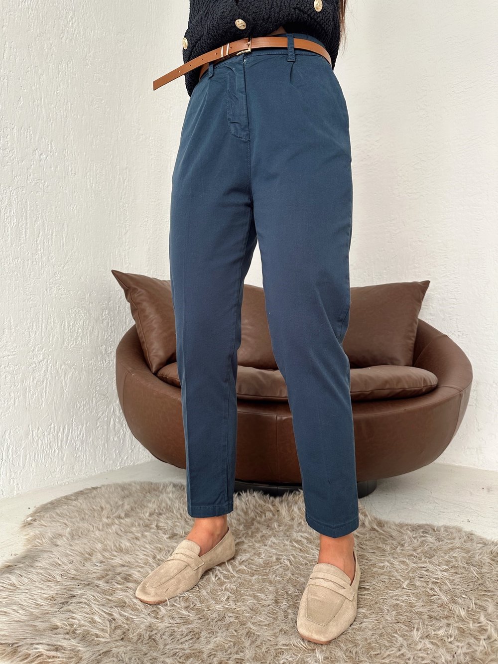 Kemerli Gabardin Pantolon Lacivert