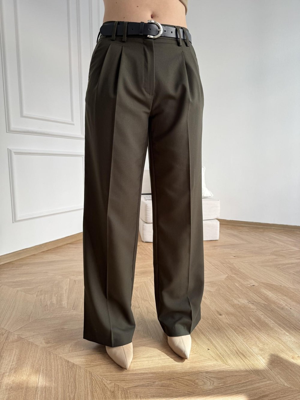 Kemerli Geniş Paça Pantolon Haki