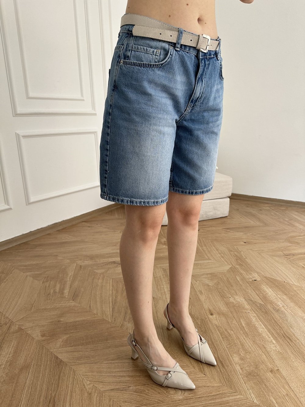 Kemerli Jean Şort Mavi