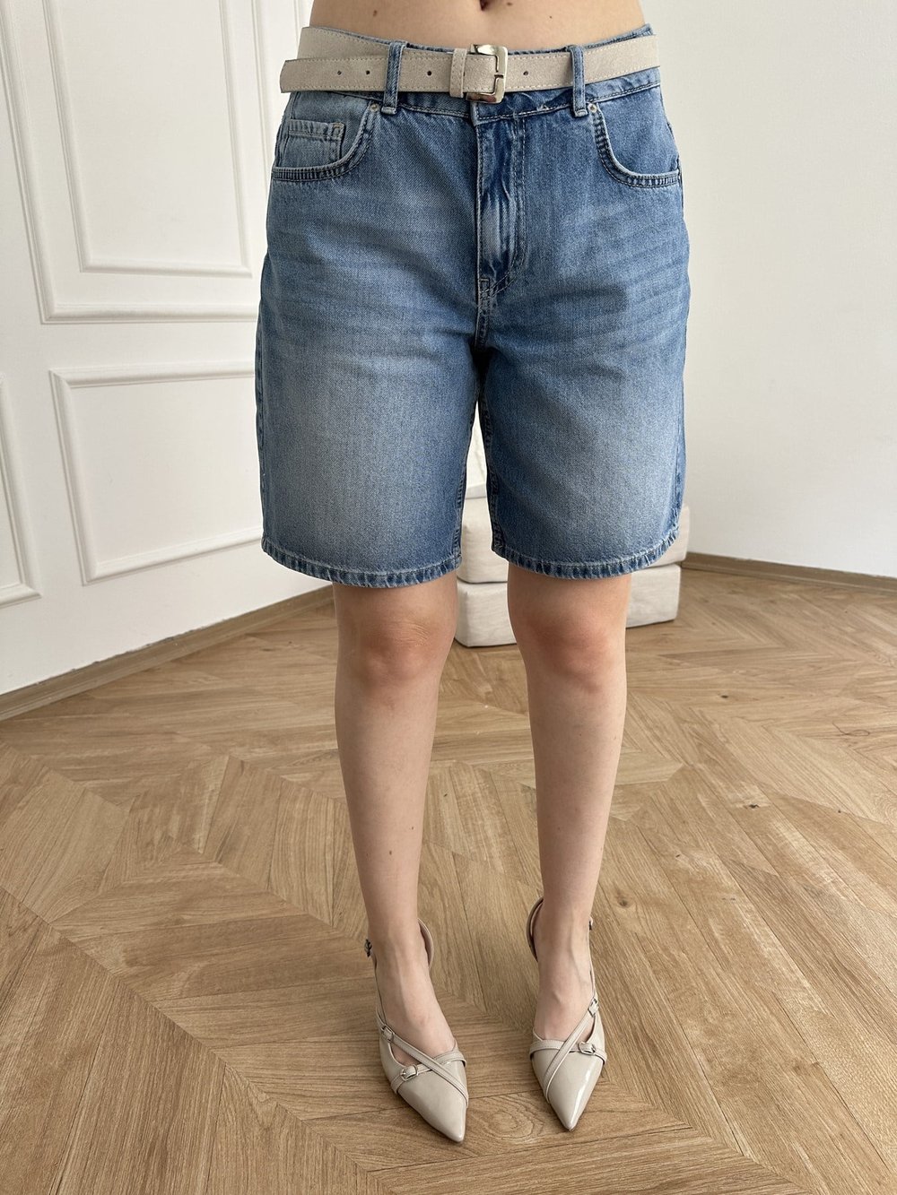 Kemerli Jean Şort Mavi