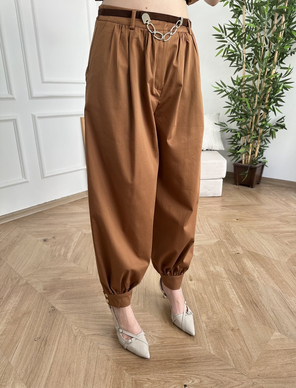 Kemerli Şalvar Kesim Pantolon Taba