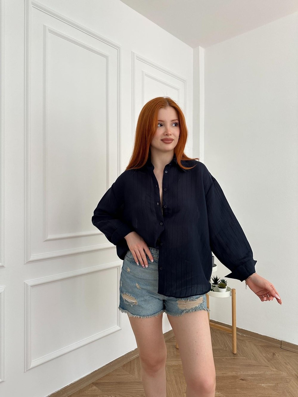 Kendinden Çizgili Gömlek Lacivert