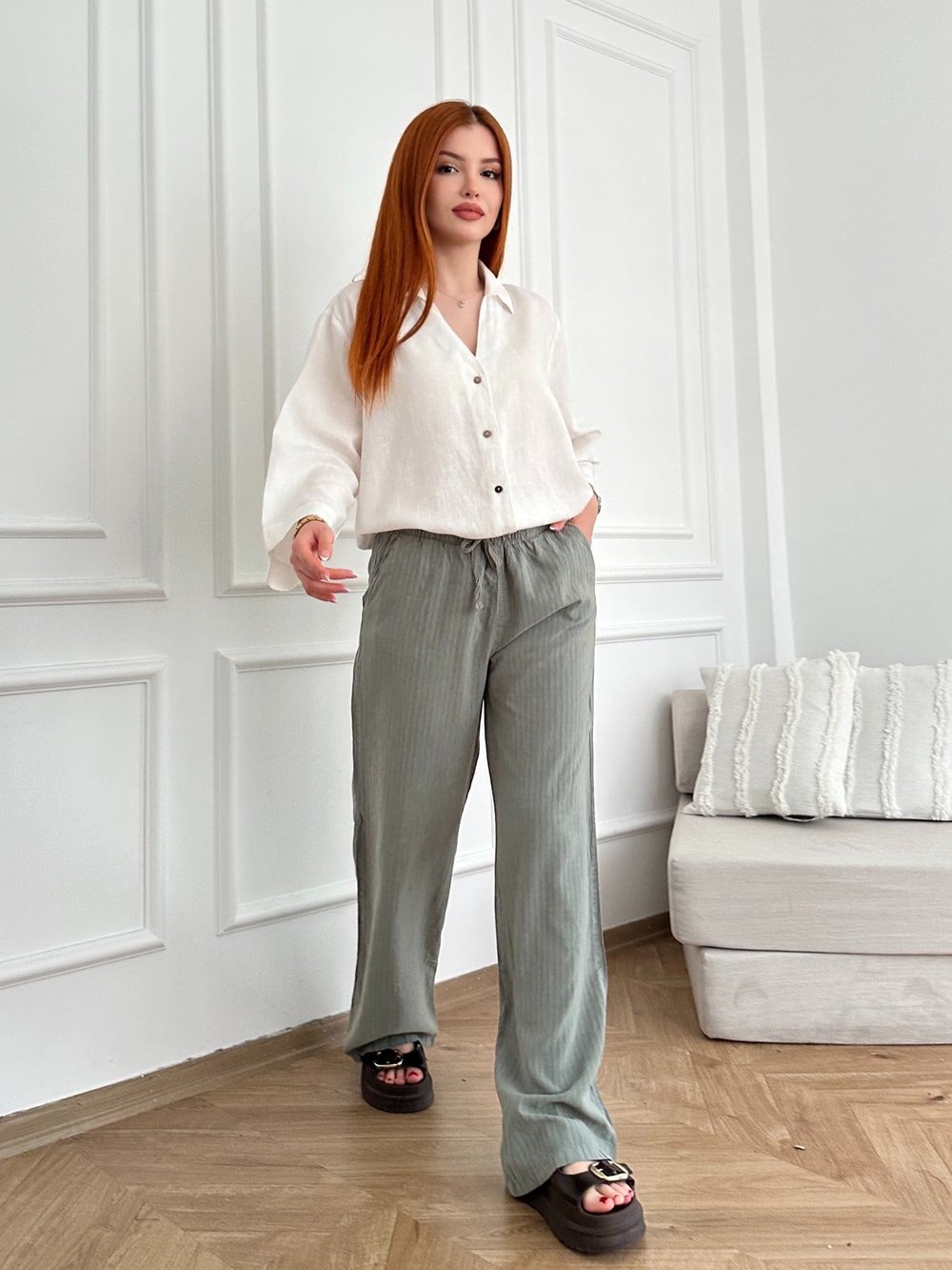 Kendinden Çizgili Tencel Pantolon Açık haki