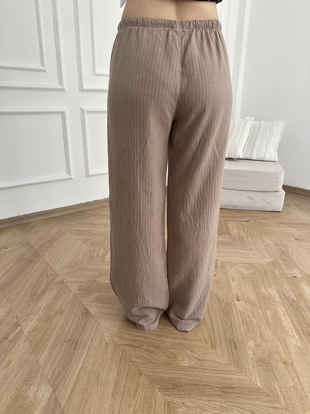 Kendinden Çizgili Tencel Pantolon Vizon