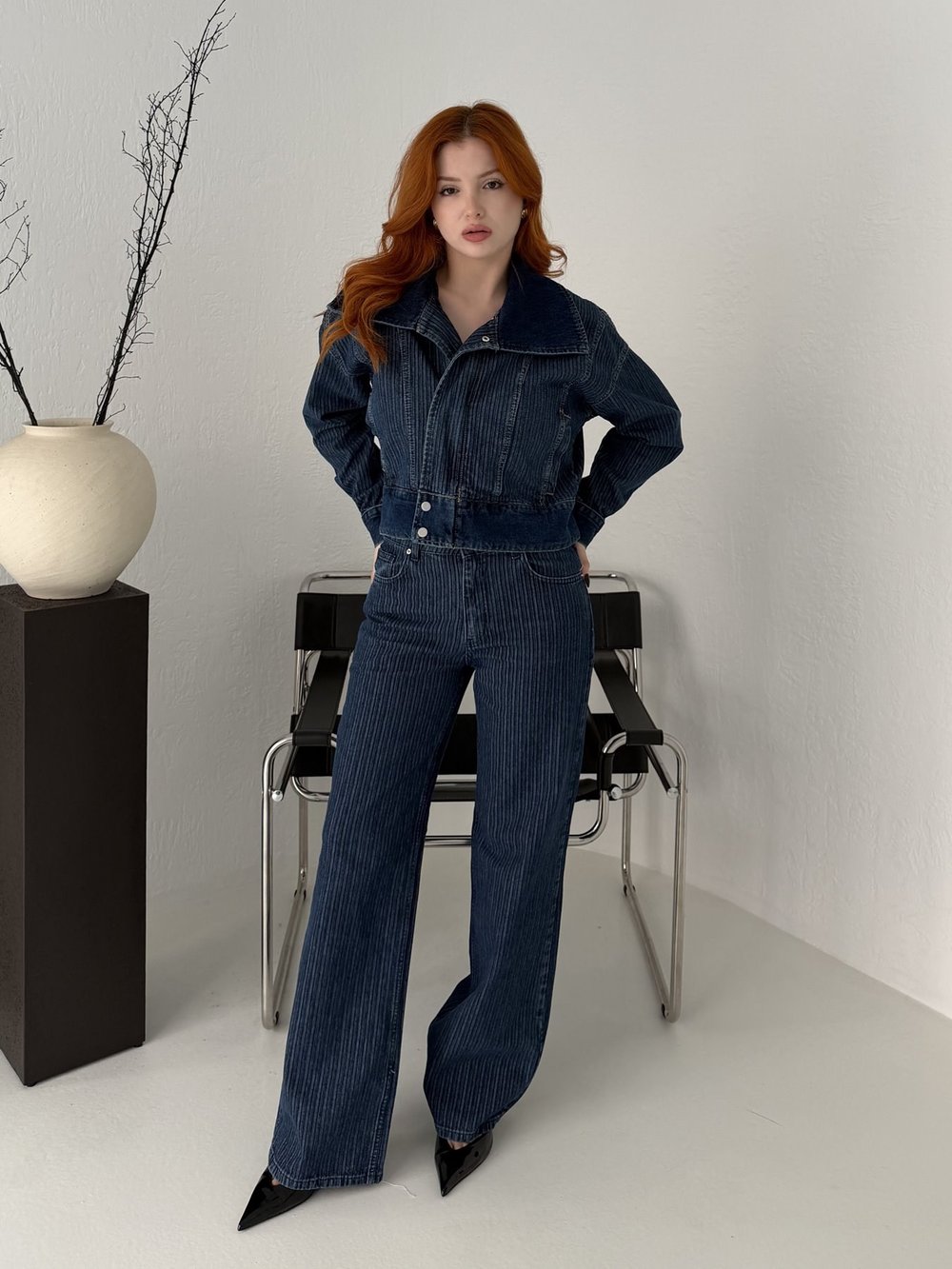 Kendinden Çizgili Wideleg Jean Pantolon Mavi