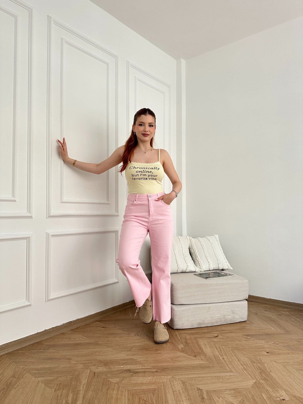 Kesik Paça Jean Pembe
