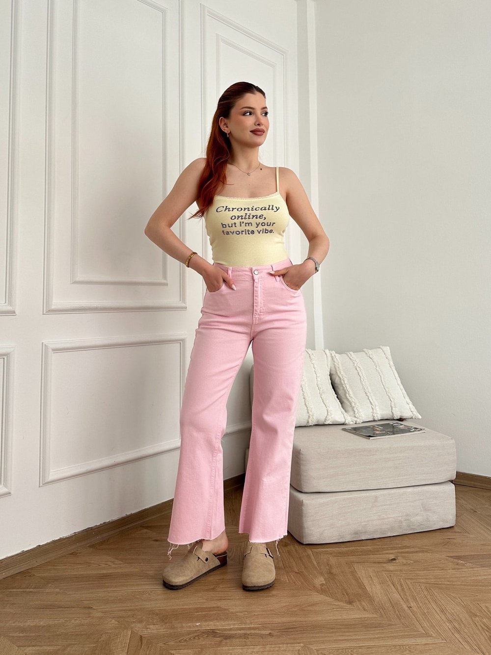 Kesik Paça Jean Pembe