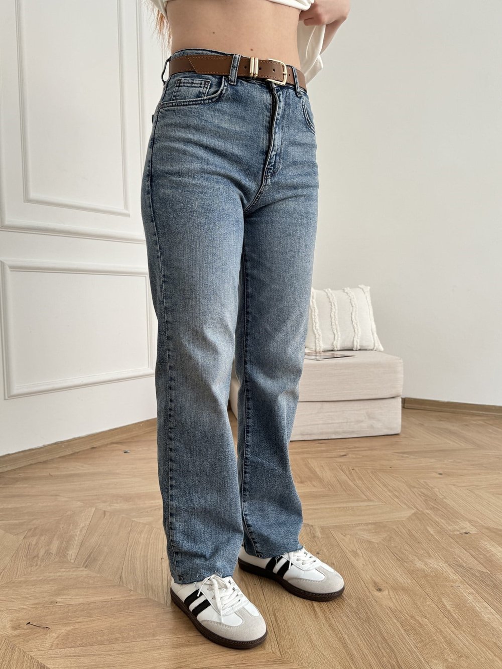 Kesik Paça Kemerli Straight Pantolon Koyu mavi