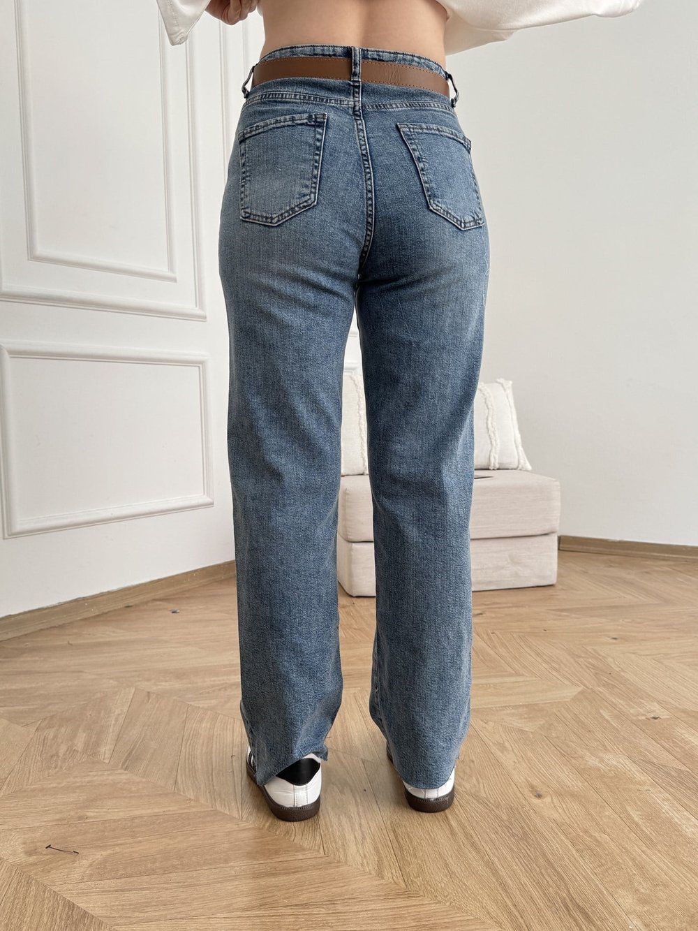 Kesik Paça Kemerli Straight Pantolon Koyu mavi