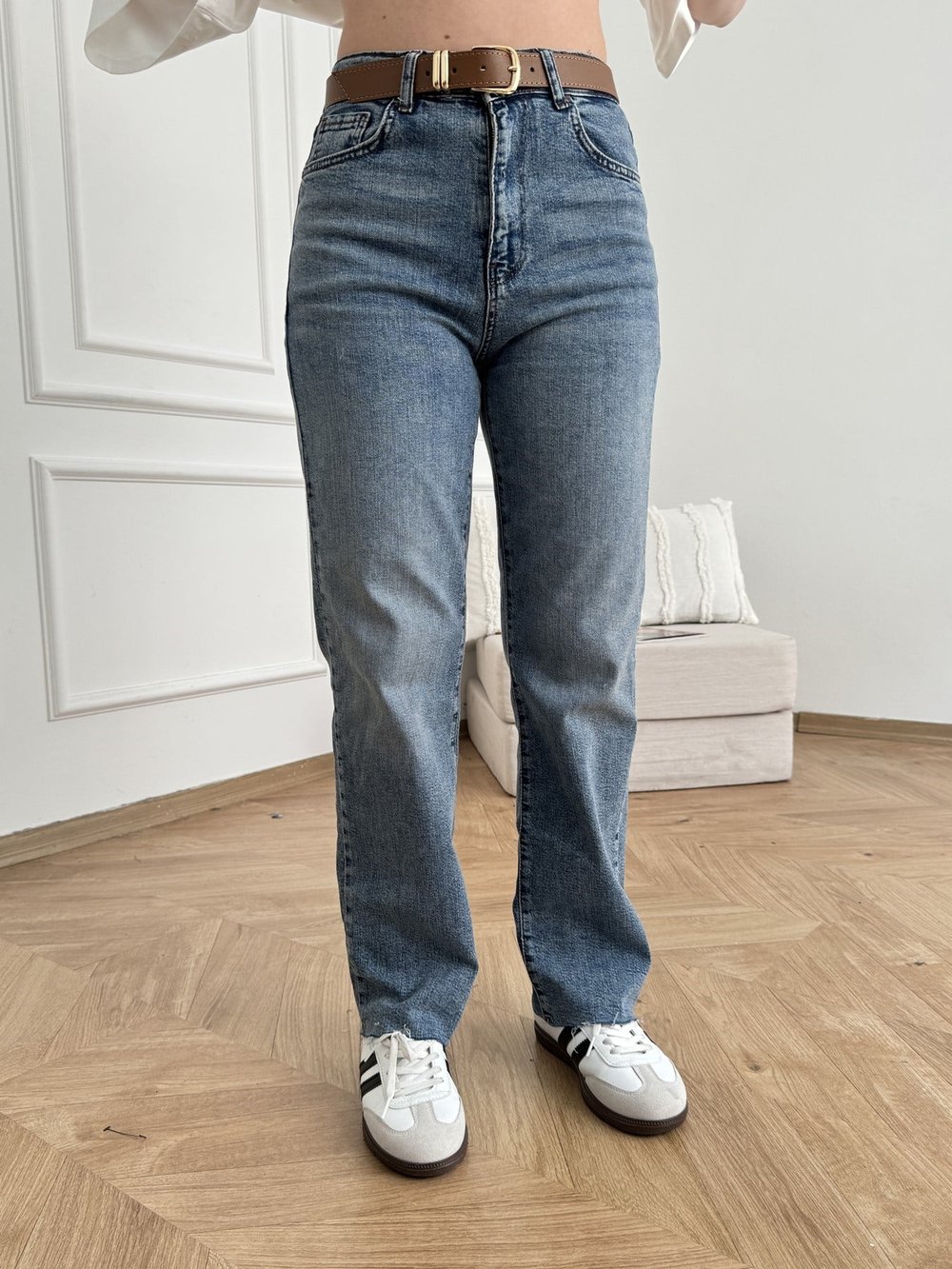 Kesik Paça Kemerli Straight Pantolon Koyu mavi