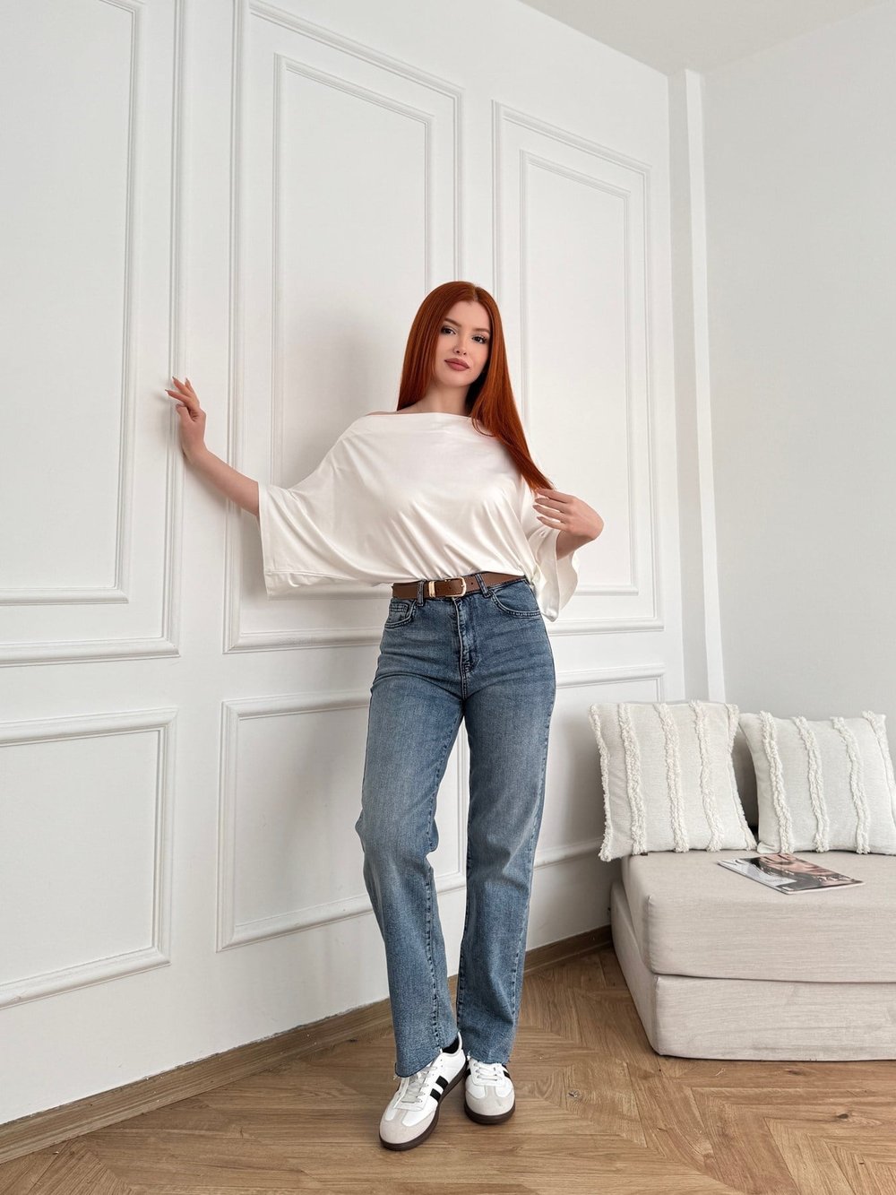 Kesik Paça Kemerli Straight Pantolon Koyu mavi