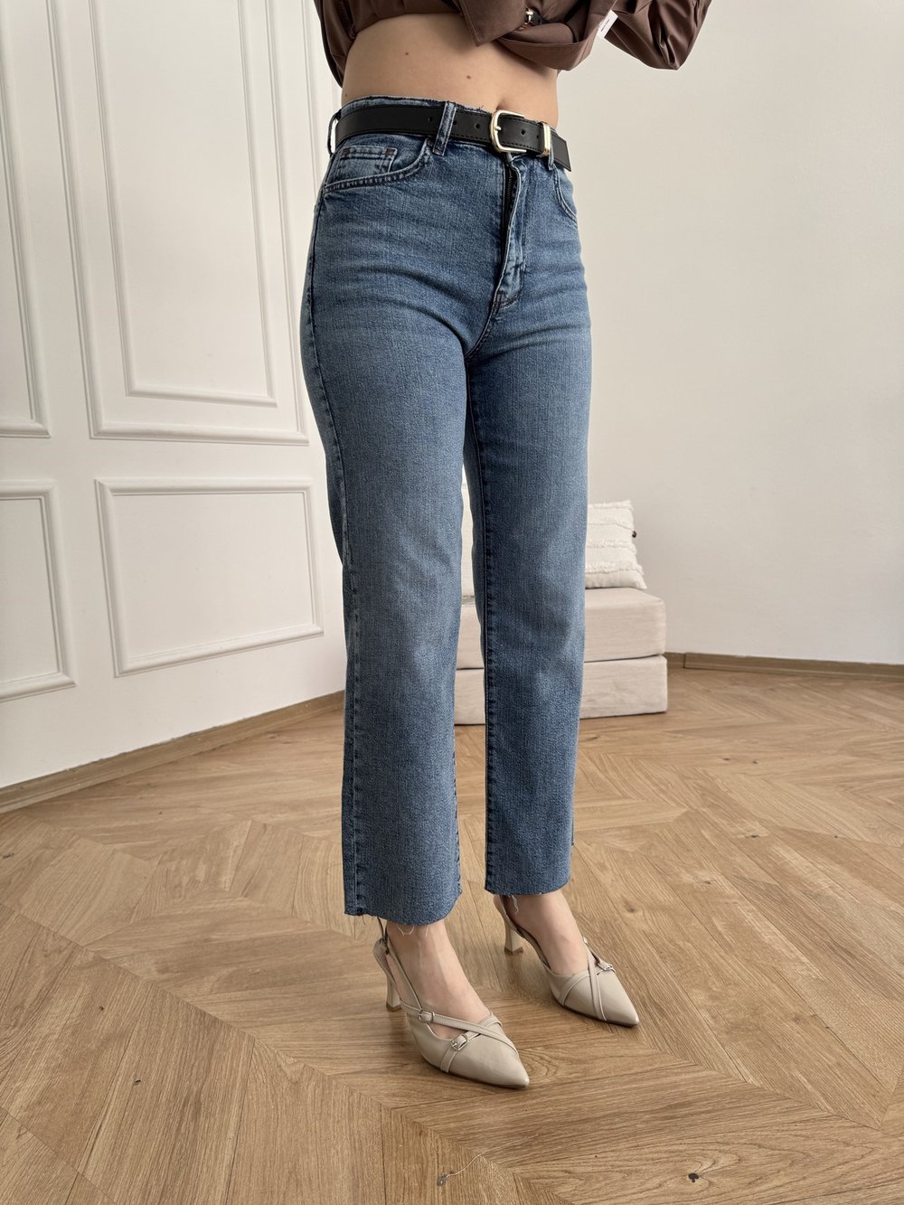 Kesik Paça Kemerli Straight Pantolon Mavi