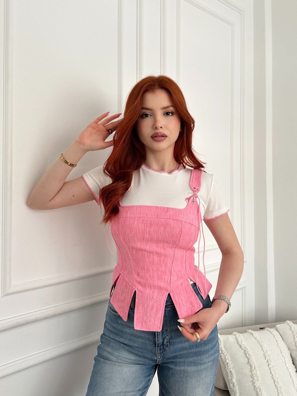 Keten Dokulu Sırtı Fermuarlı Korse Bluz Pembe