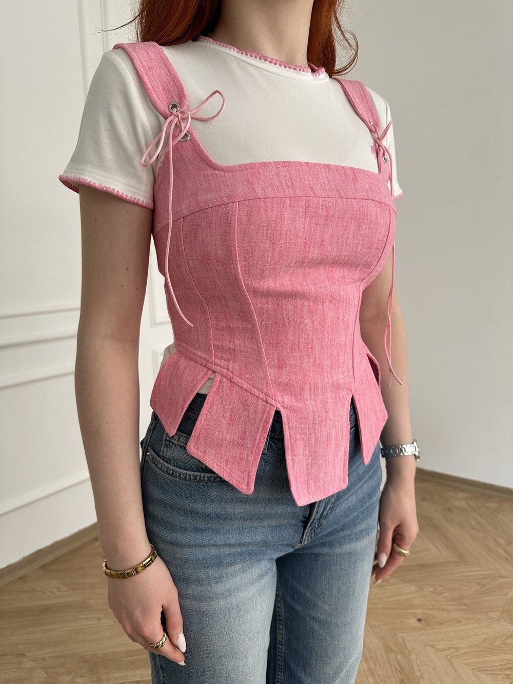 Keten Dokulu Sırtı Fermuarlı Korse Bluz Pembe