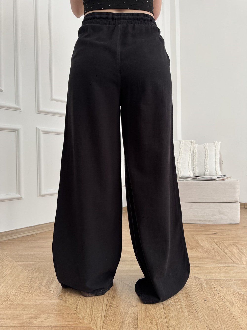 Keten Görünümlü Beli Lastikli Relax Pantolon Siyah
