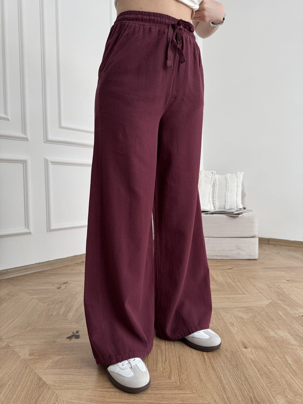 Keten Görünümlü Beli Lastikli Relax Pantolon Mürdüm
