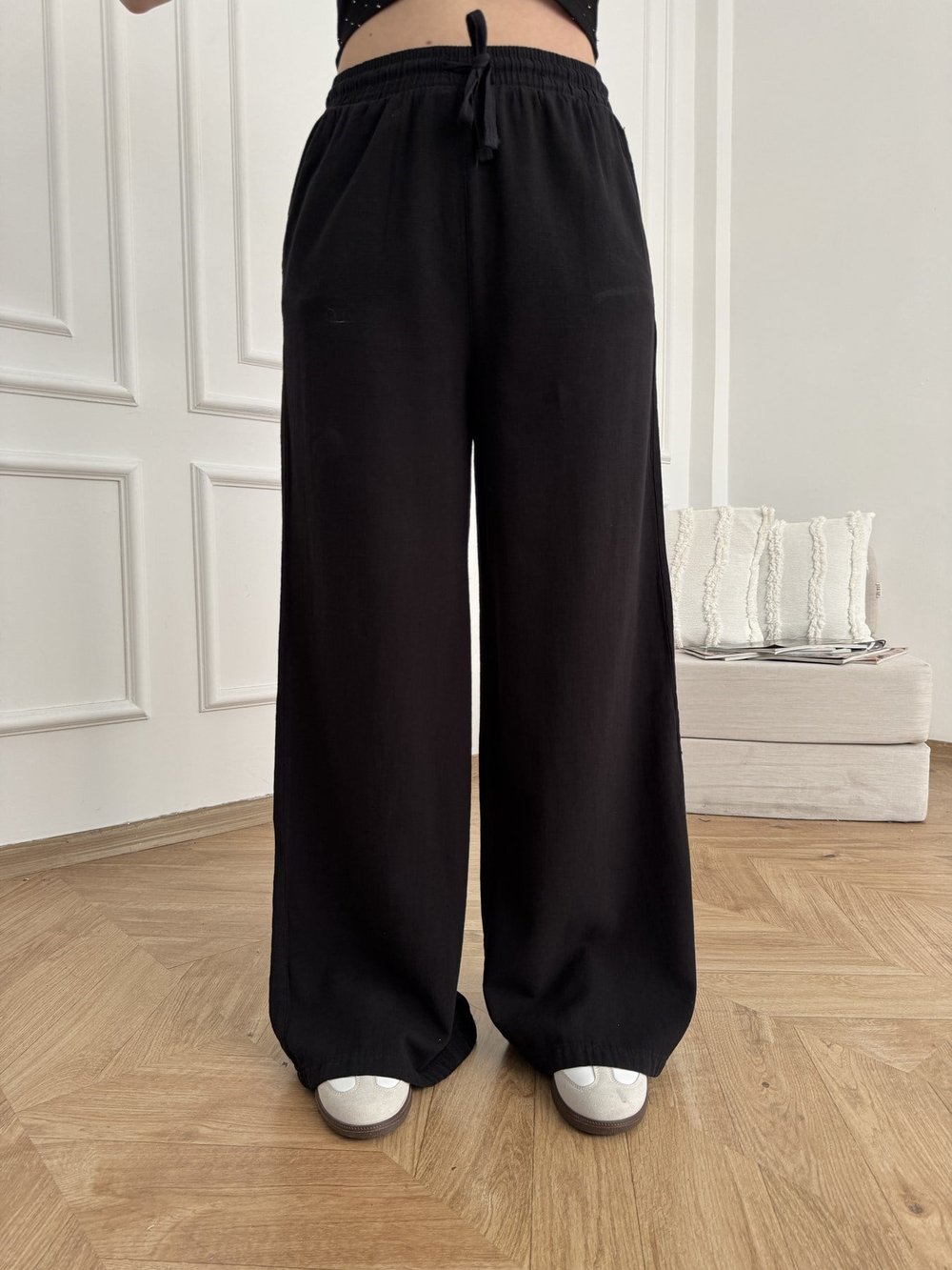 Keten Görünümlü Beli Lastikli Relax Pantolon Siyah