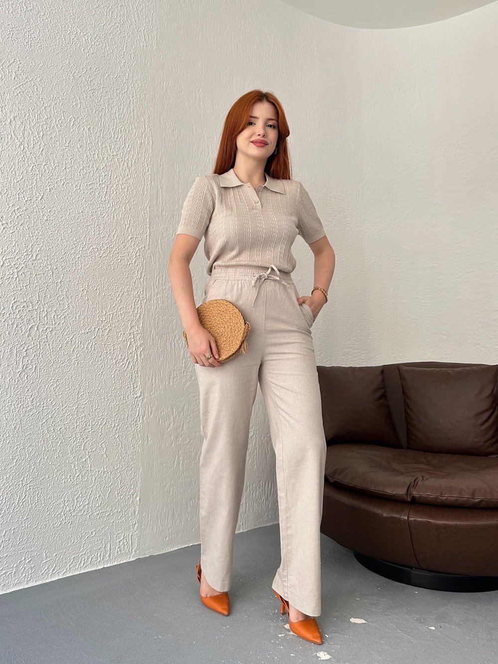 Kırçıllı Beli Lastikli Pantolon Taş