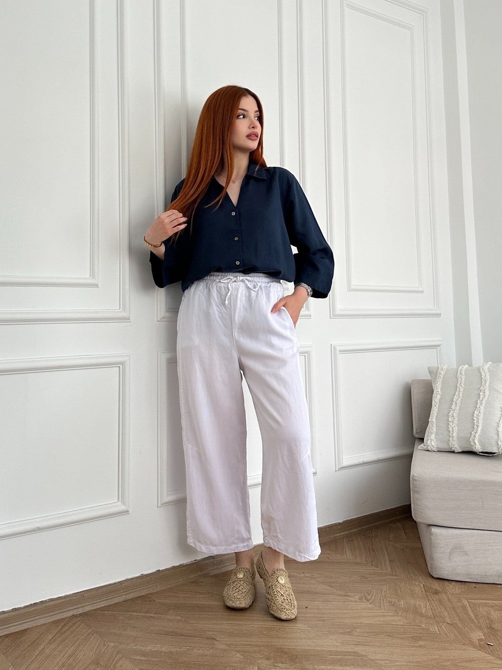 Kısa Bol Paça Tencel Pantolon Beyaz
