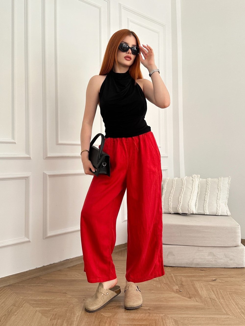 Kısa Bol Paça Tencel Pantolon Kırmızı