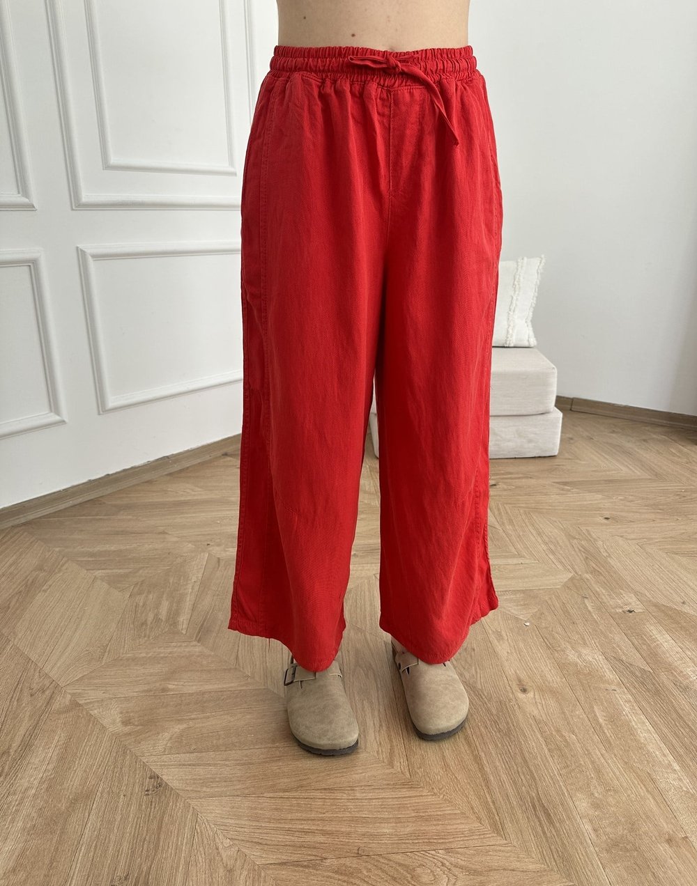 Kısa Bol Paça Tencel Pantolon Kırmızı