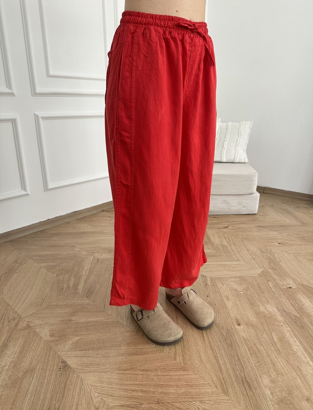 Kısa Bol Paça Tencel Pantolon Kırmızı