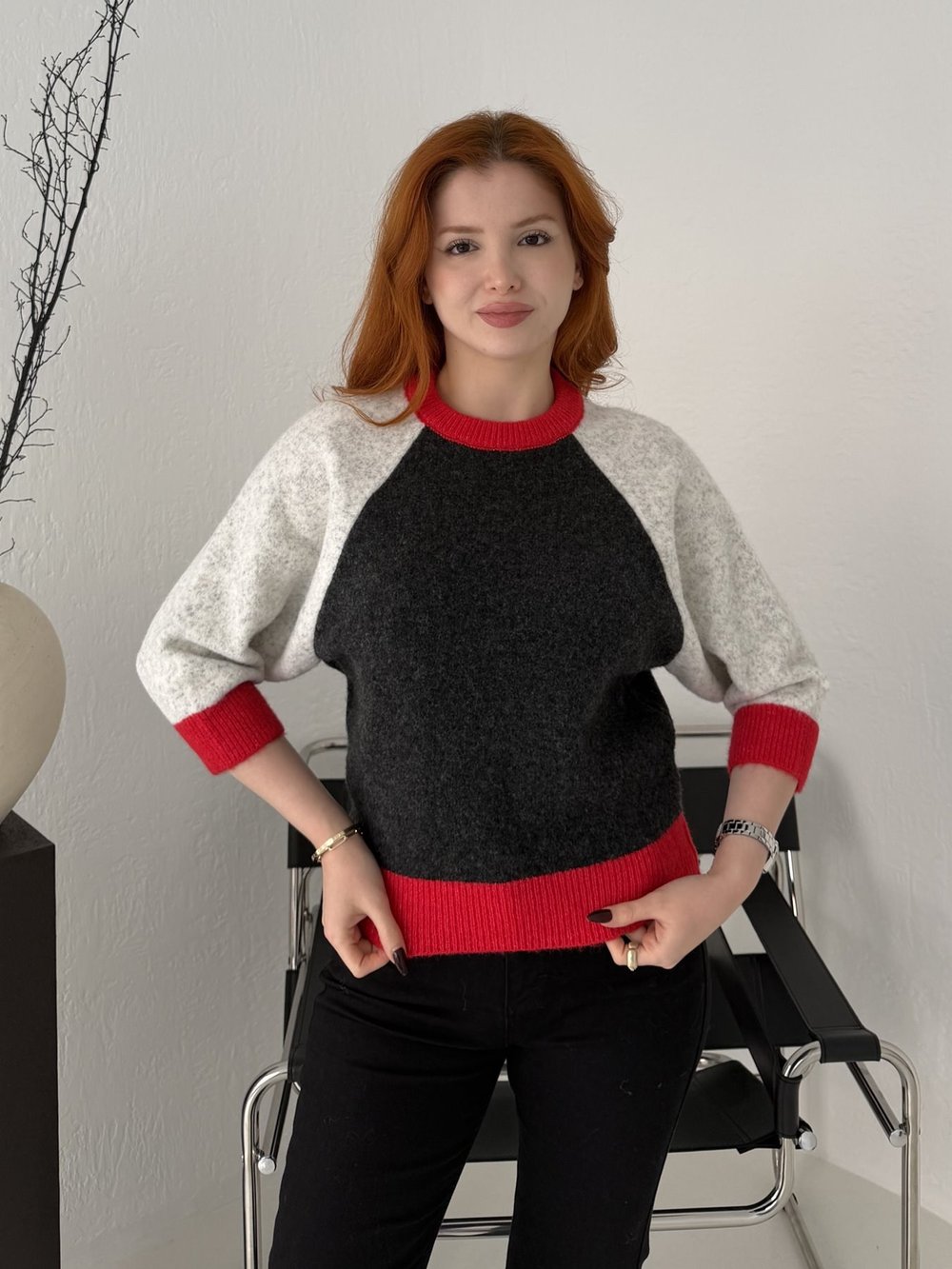 Kısa Kol Crop Triko Füme-kırmızı