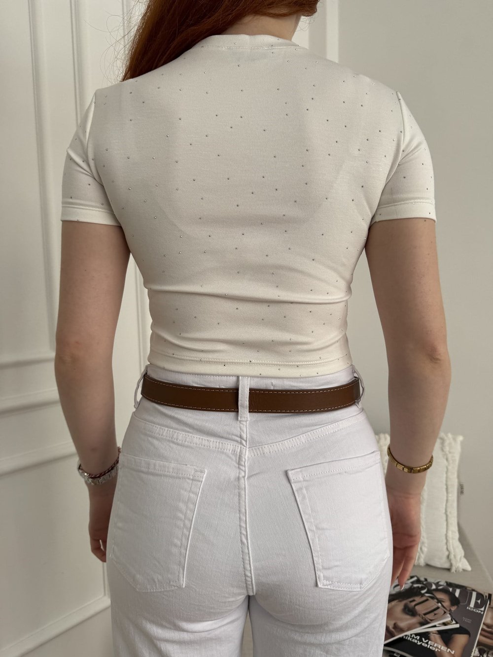 Kısa Kol Taşlı Crop Bluz Ekru