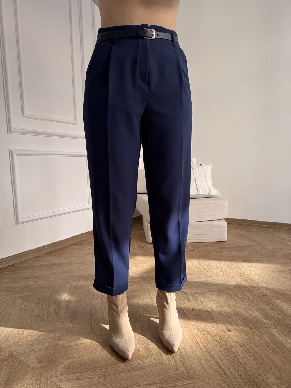 Kıvrık Paça Kemerli Pantolon İndigo