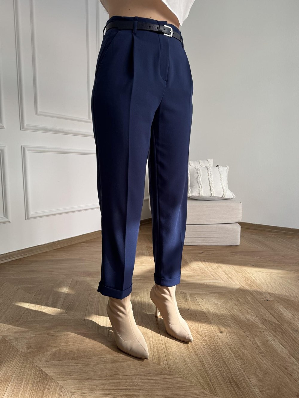 Kıvrık Paça Kemerli Pantolon İndigo