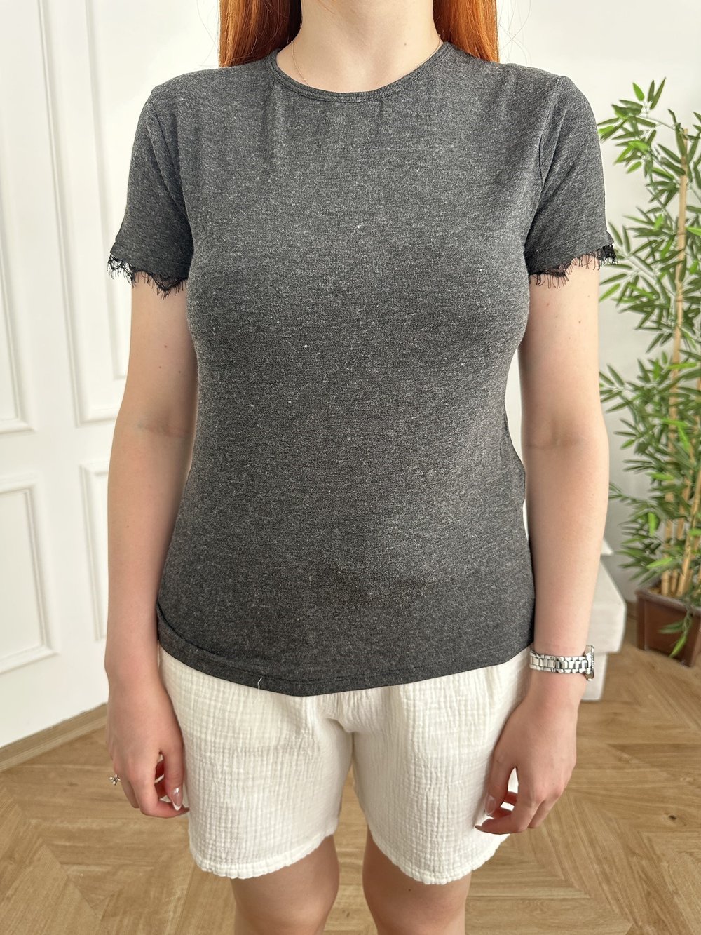 Kolları Dantel Detay T-shirt Antrasit