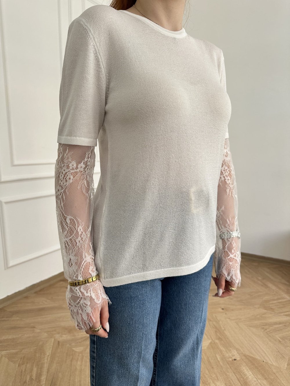 Kolları Dantel Detaylı Triko Ekru