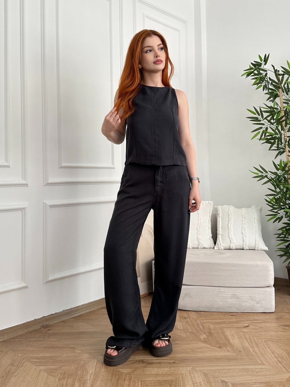 Kolsuz Bluz - Relax Pantolon Takım 107 füme