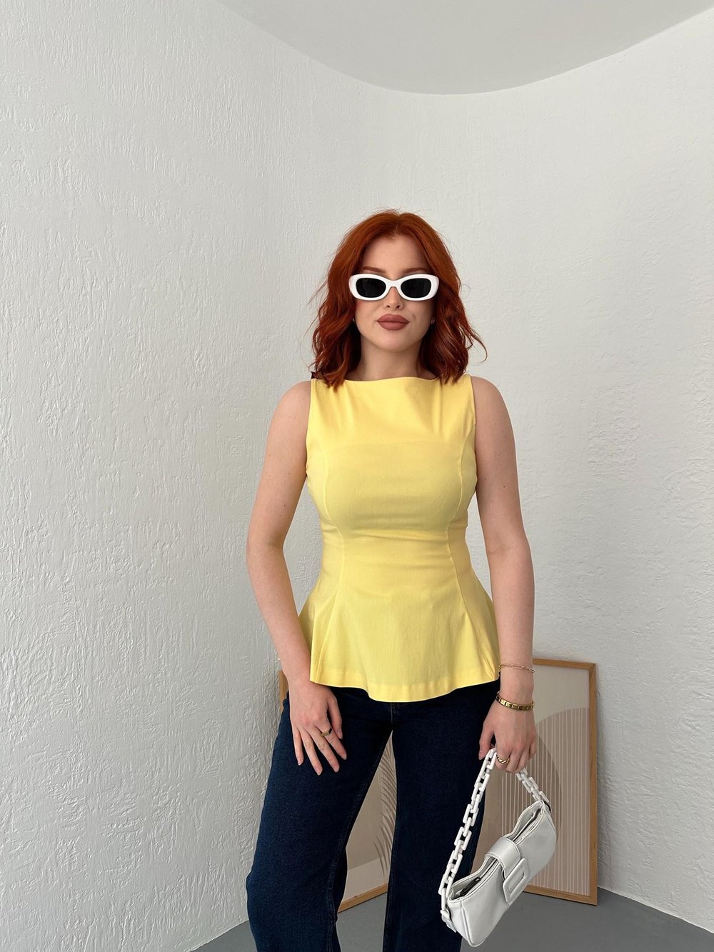 Kolsuz Peplum Bluz Sarı