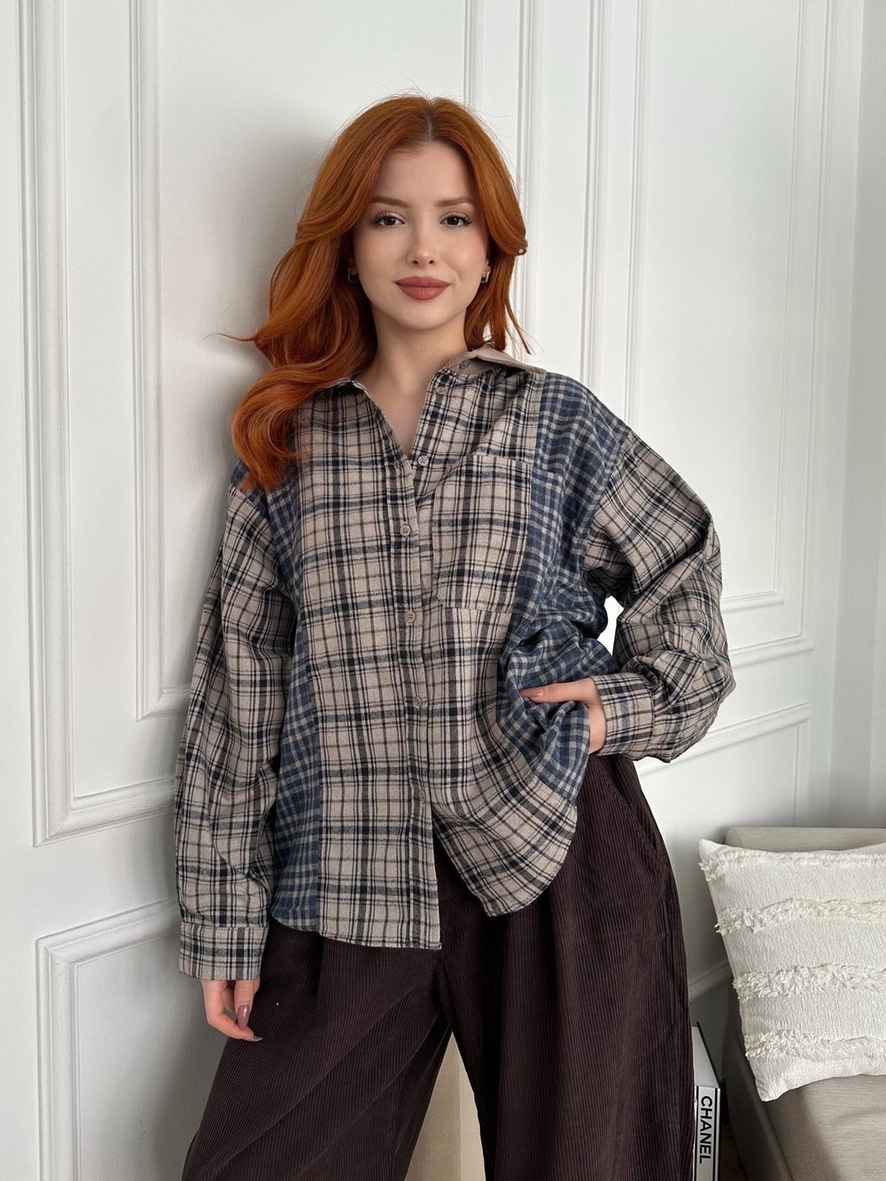 Kontrast Yaka Detay Gömlek Mavi