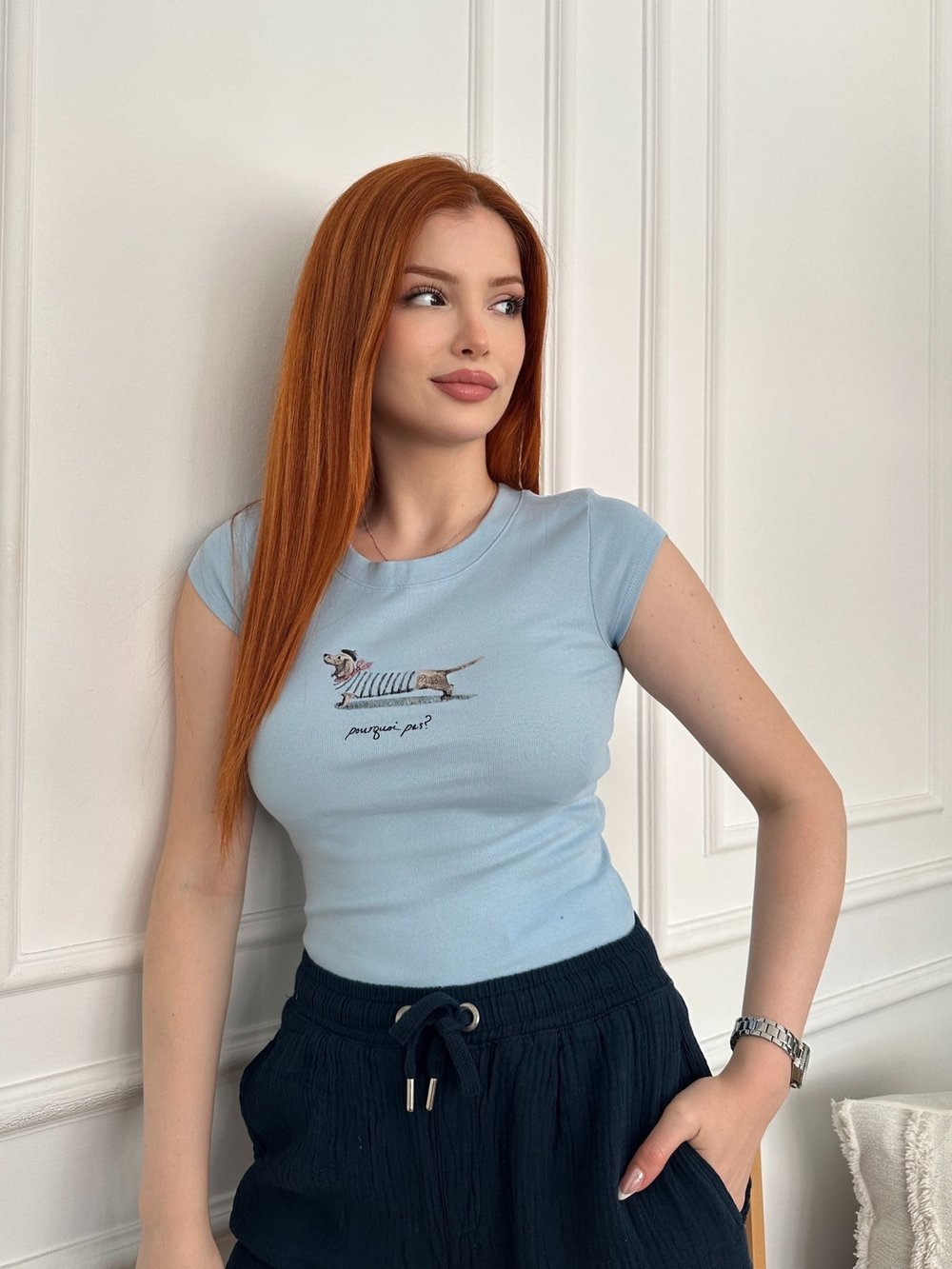 Köpek Baskılı Slim T-shirt Bebe mavi