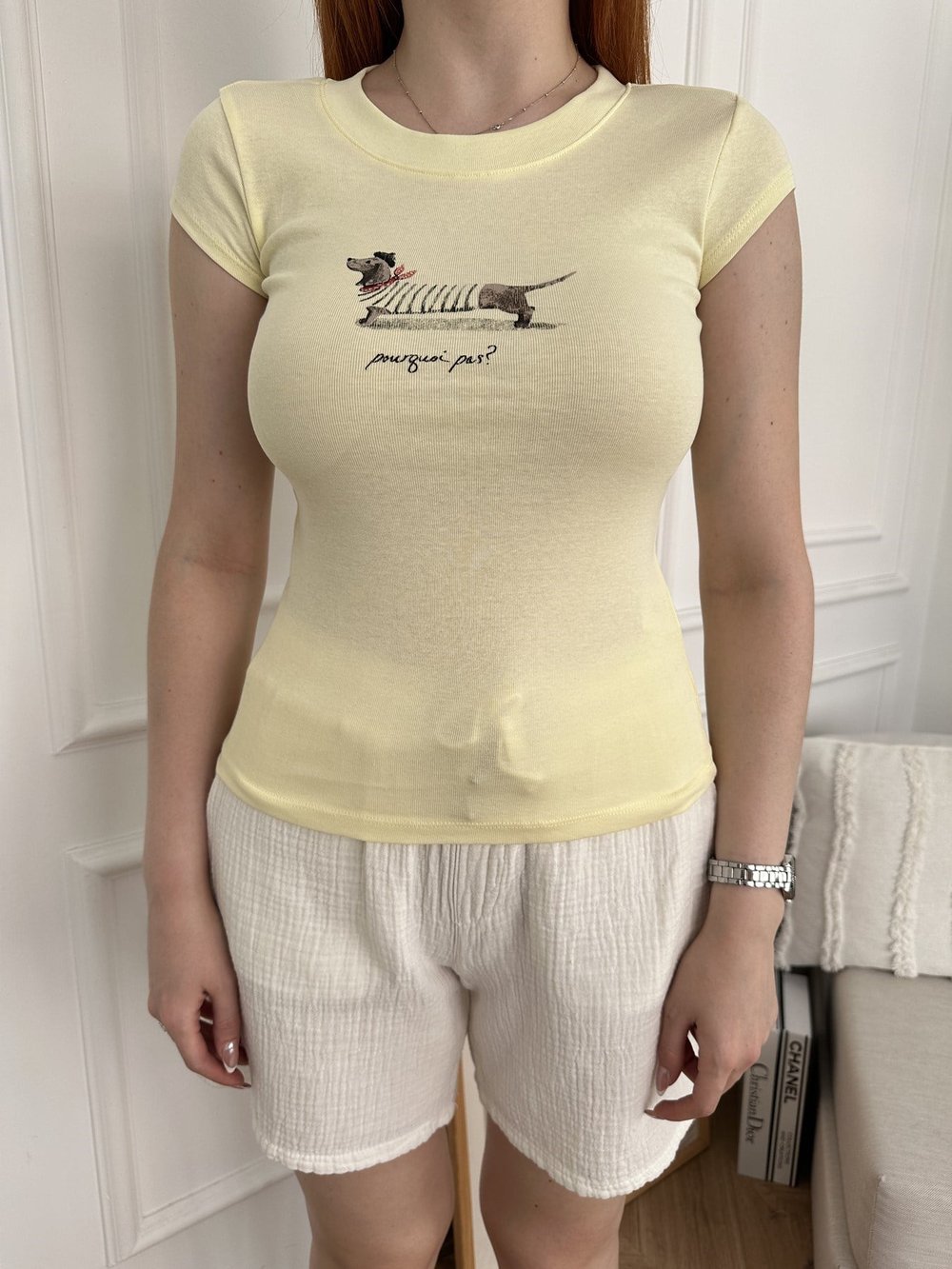 Köpek Baskılı Slim T-shirt Sarı