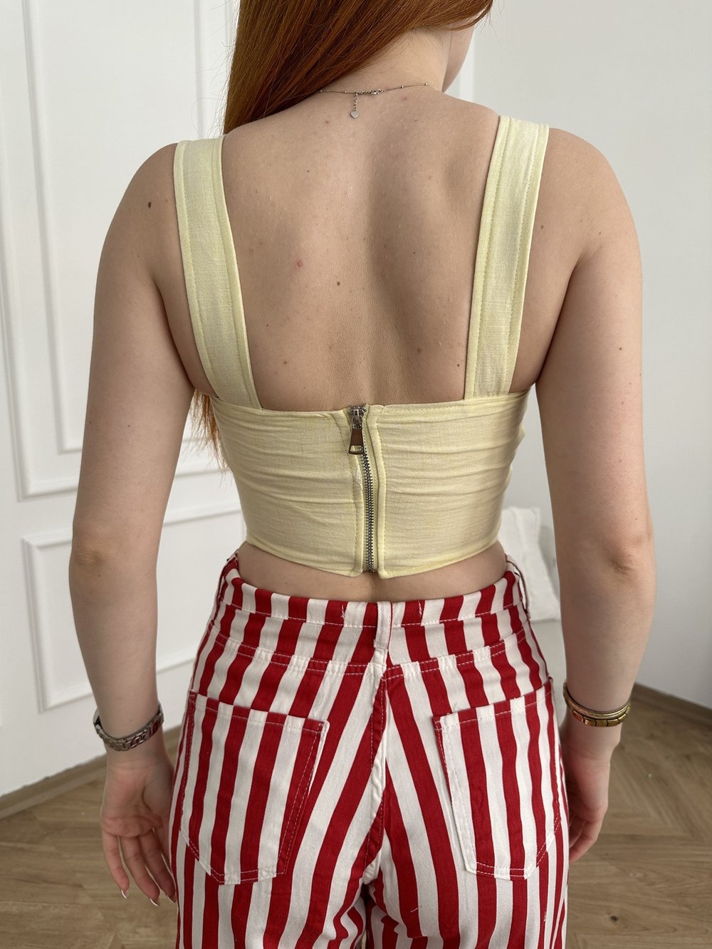 Kurdele Bağcıklı Crop Bluz Sarı