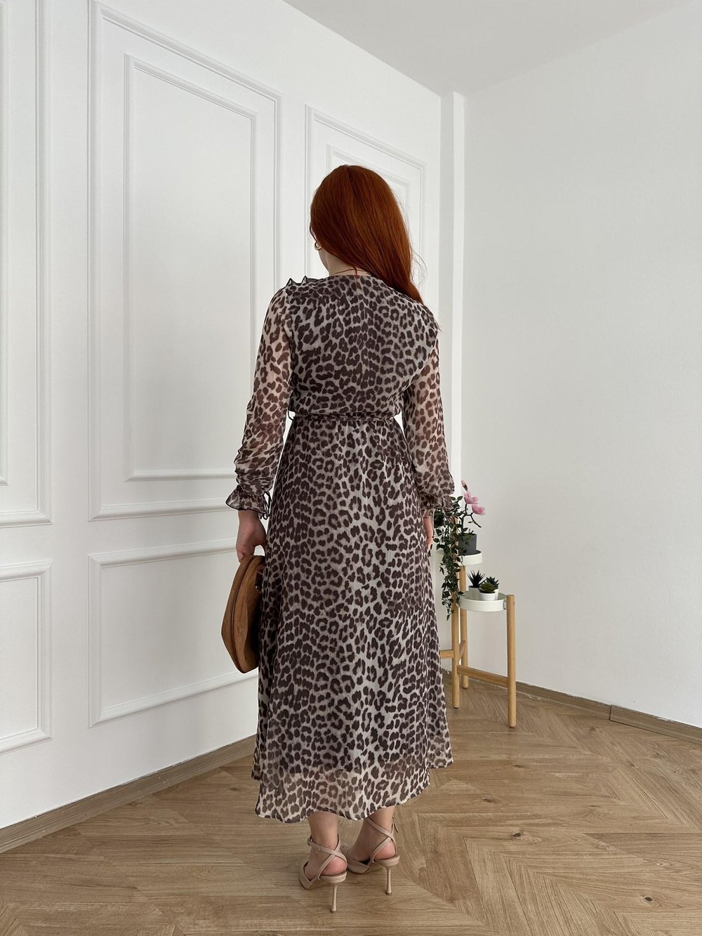 Leopar Desen Şifon Elbise Bej