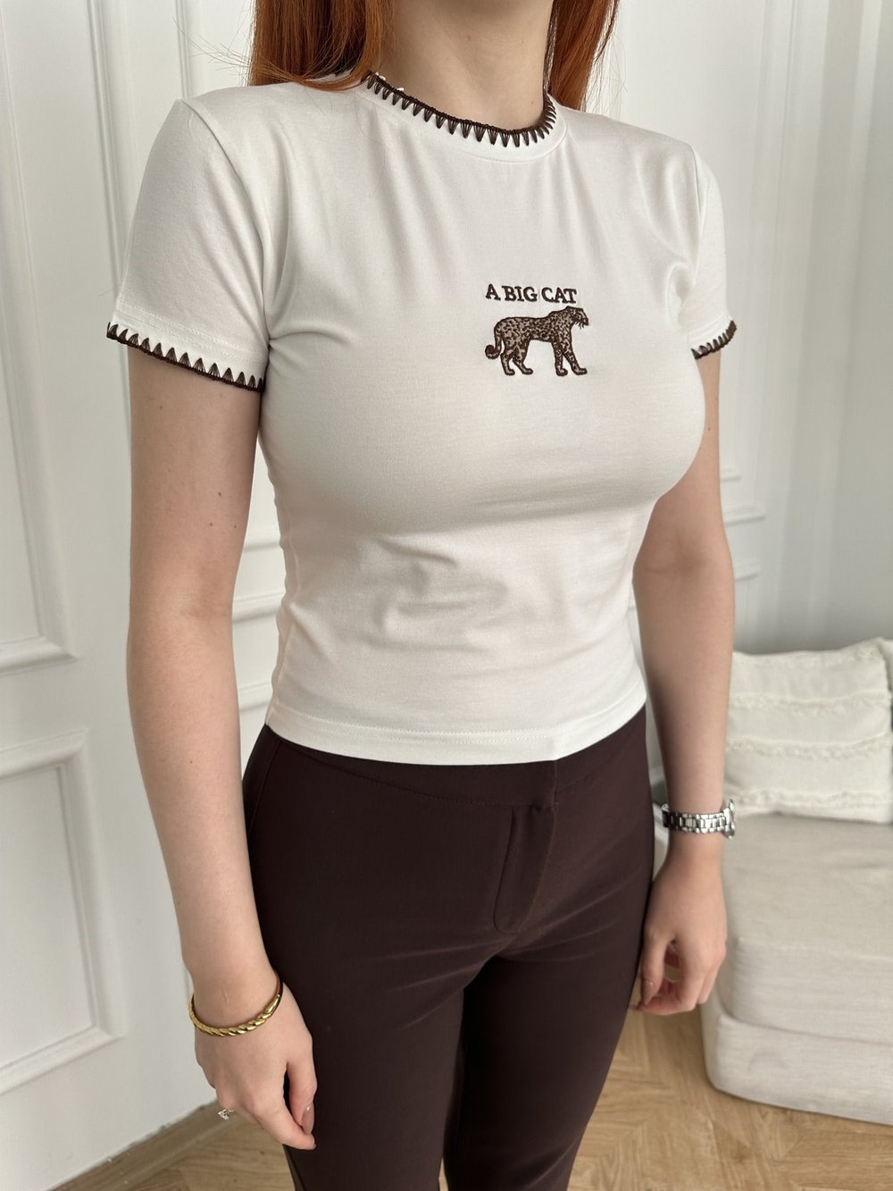 Leopar Nakışlı Crop T-shirt Ekru