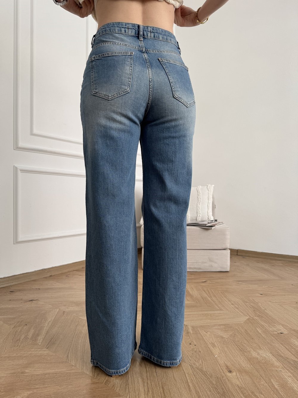 Likralı Geniş Paça Jean Pantolon Mavi