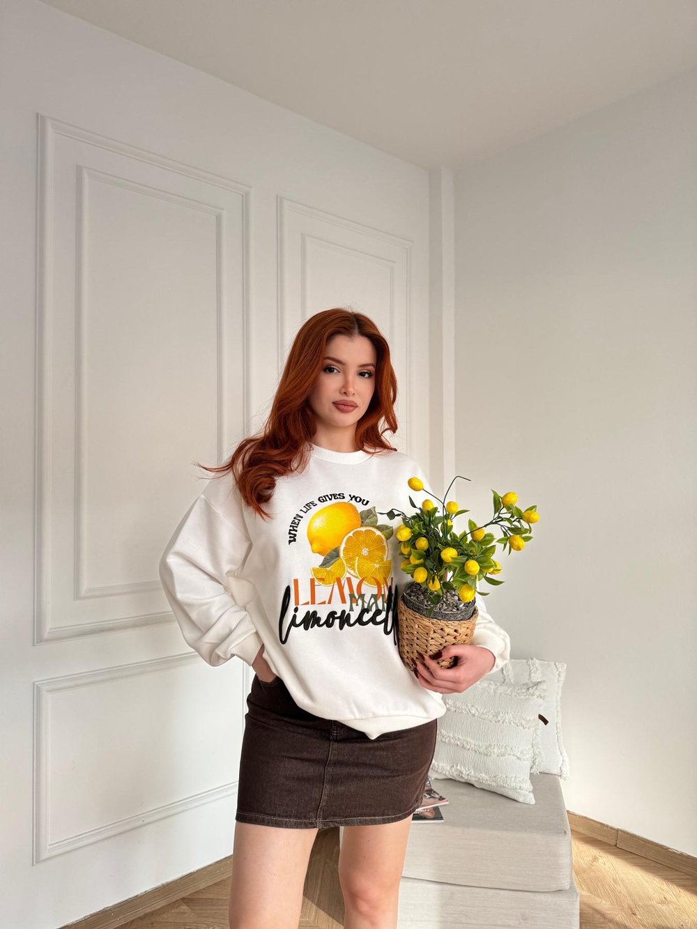 Limon Basklı Sweatshirt Ekru