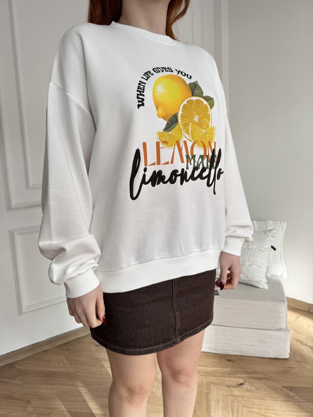 Limon Basklı Sweatshirt Ekru