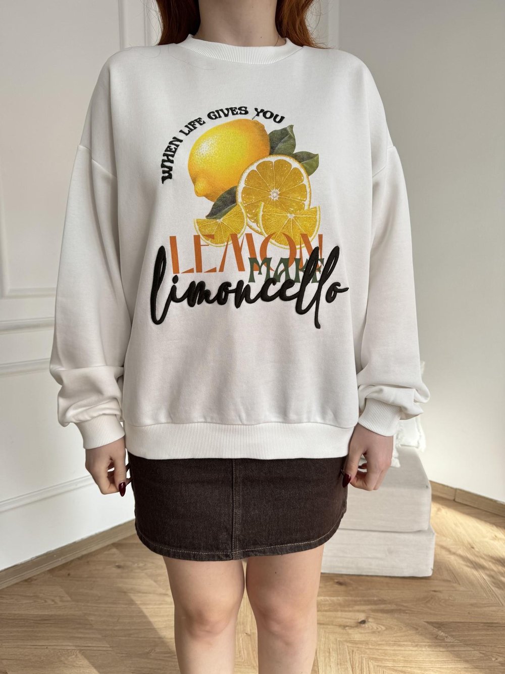 Limon Basklı Sweatshirt Ekru