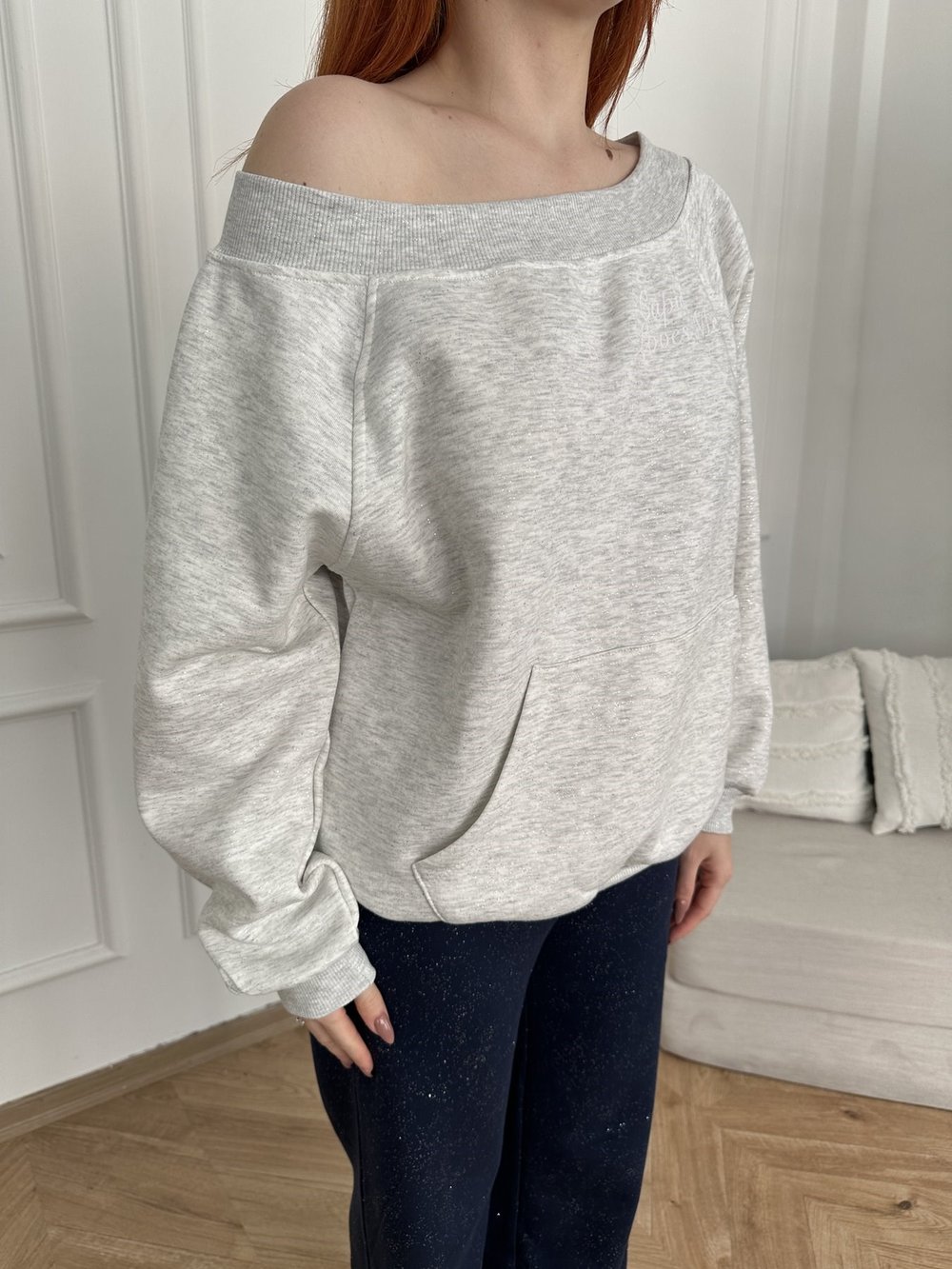 Melek Kanadı Taşlı Oversize Sweatshirt Gri melanj