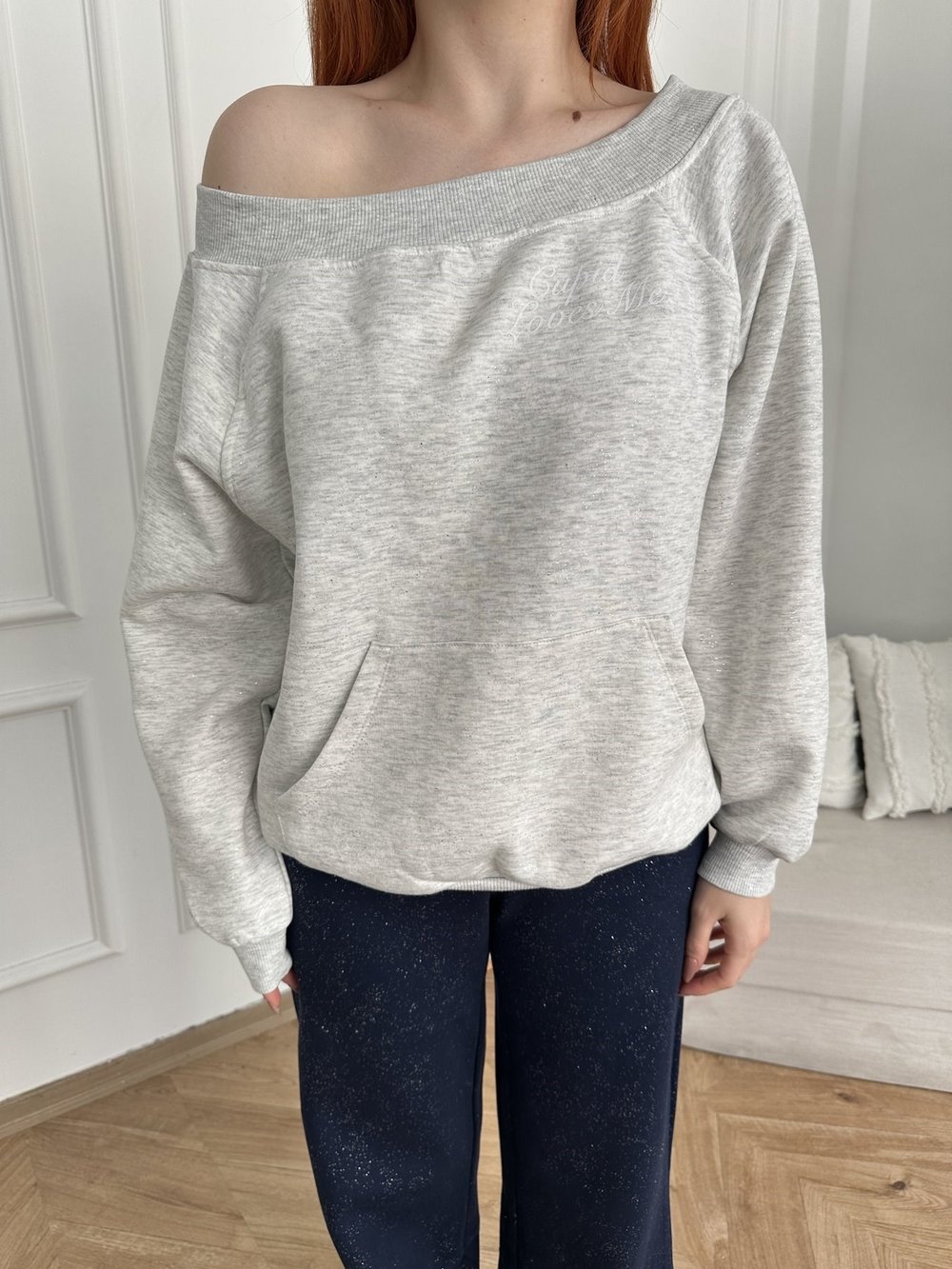 Melek Kanadı Taşlı Oversize Sweatshirt Gri melanj