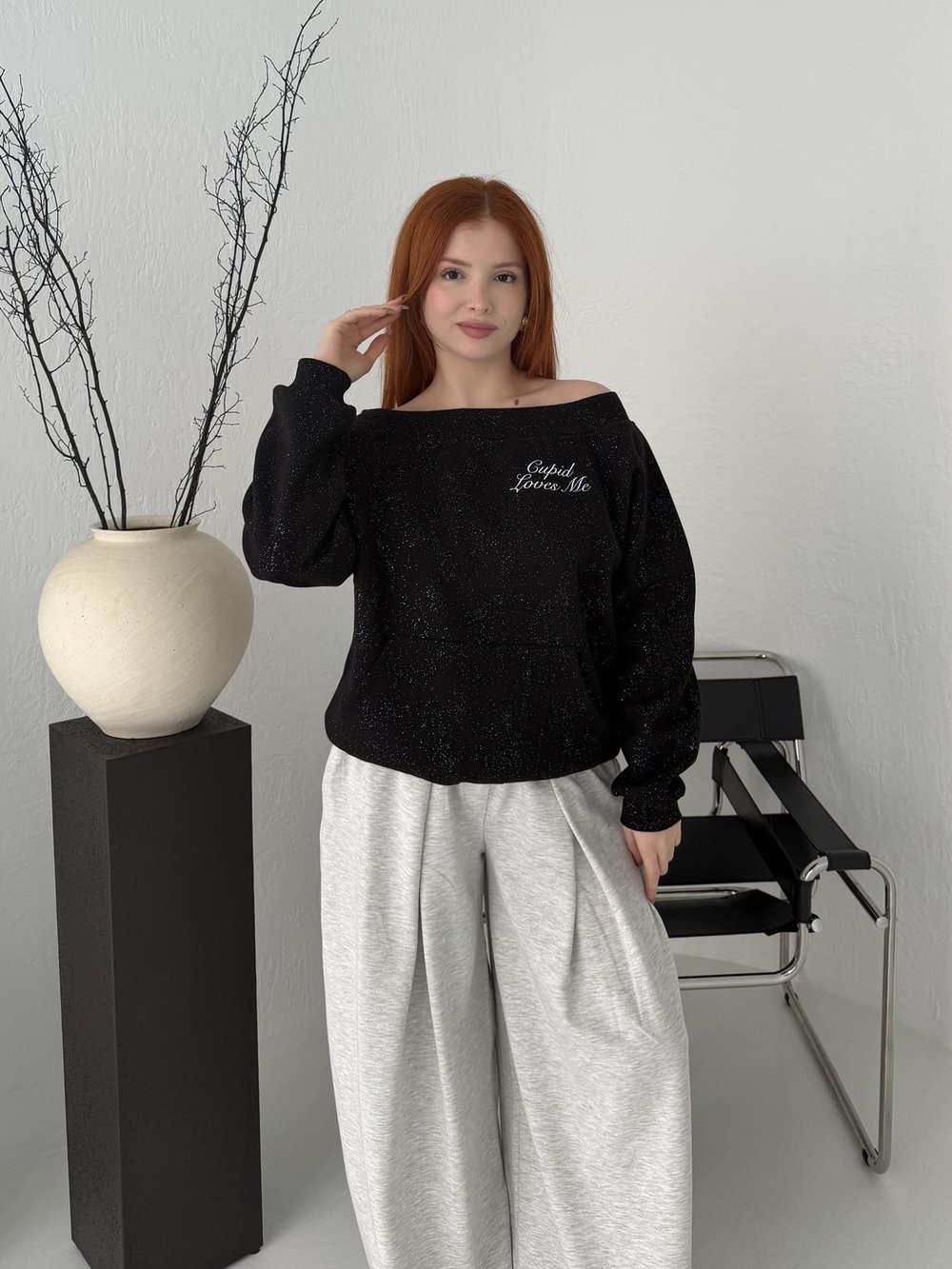 Melek Kanadı Taşlı Oversize Sweatshirt Siyah-gümüş